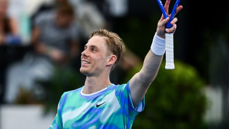 Denis Shapovalov raises his racket over his head. He is one of five Canadians to pick up wins in the opening weeks of the 2025 season.