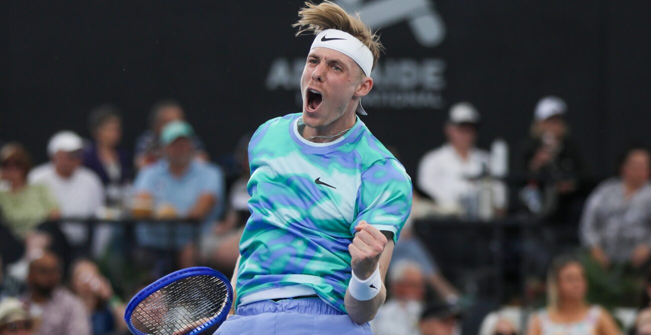 Denis Shapovalov pumps his fist and yells. He won his opening match at the Australian Open on Tuesday but Rebecca Marino was defeated.