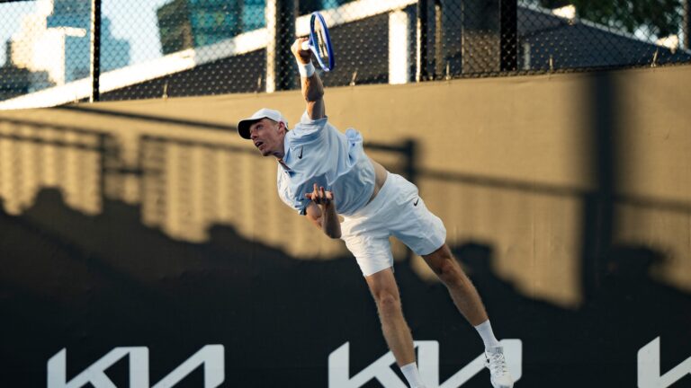 Denis Shapovalov serves at the Australian Open. He and Gabriel Diallo were both eliminated on Thursday.