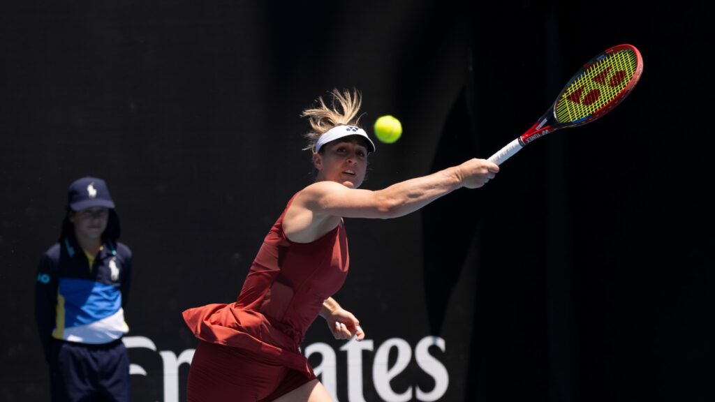 Gabriela Dabrowski follows through on a forehand at the Australian Open. She and Erin Routliffe lost to Su-Wei Hsieh and Jelena Ostapenko in the semifinals.