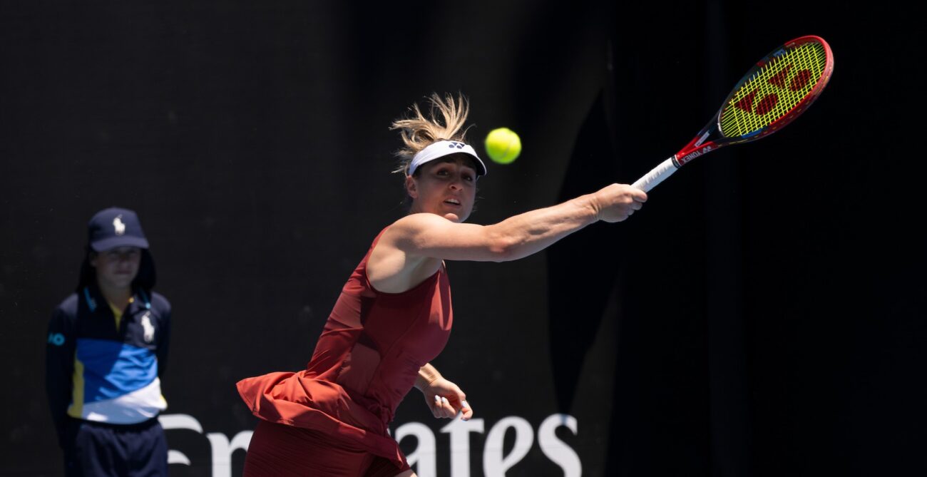 Gabriela Dabrowski follows through on a forehand at the Australian Open. She and Erin Routliffe lost to Su-Wei Hsieh and Jelena Ostapenko in the semifinals.