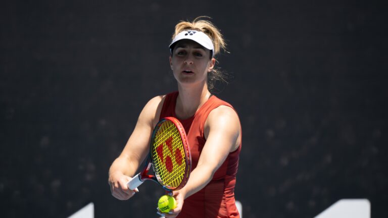 Gabriela Dabrowski prepares to serve at the Australian Open. She and Rob Shaw are the only Canadians left in Melbourne.