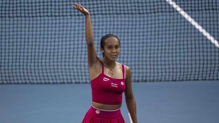 Leylah Fernandez waves to the crowd after her first-round win at the Australian Open.