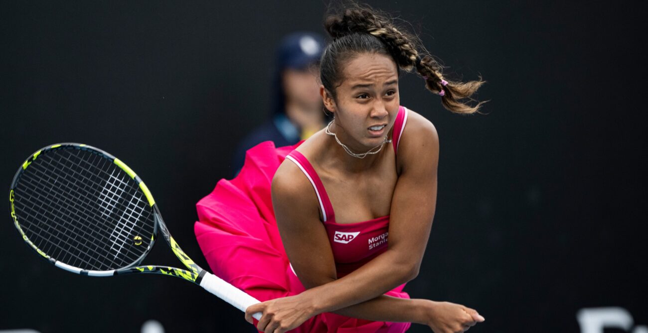 Leylah Fernandez follows through on a serve at the Australian Open. She lost to Coco Gauff on Friday.