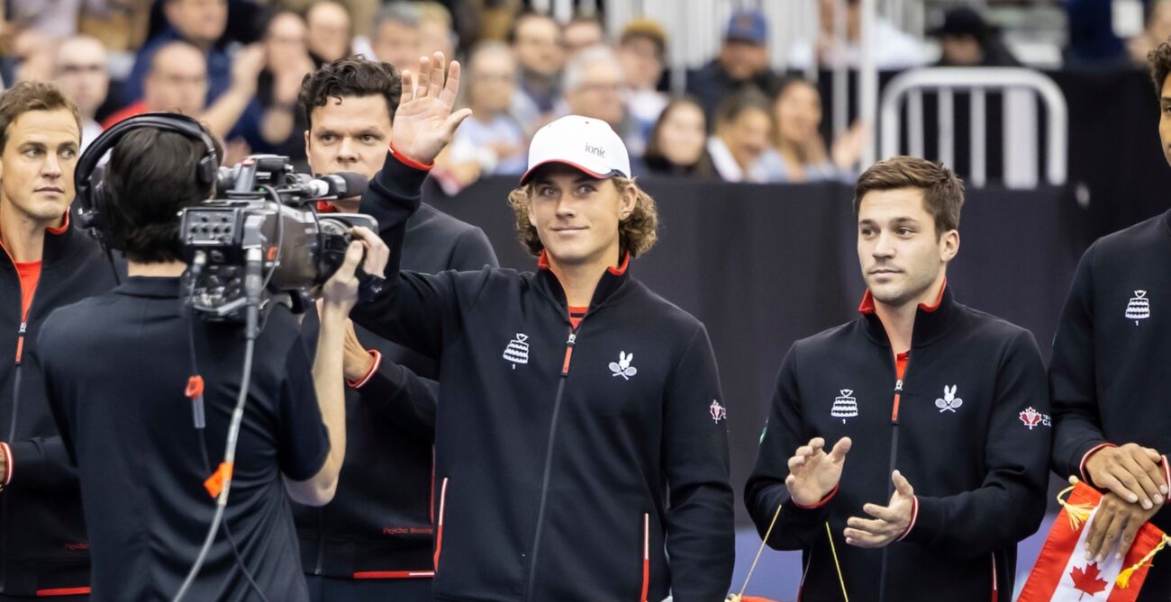 Liam Draxl waves to the crowd at the Davis Cup. He is one of several Canadians who had big results the week before the 2025 Davis Cup qualifiers.