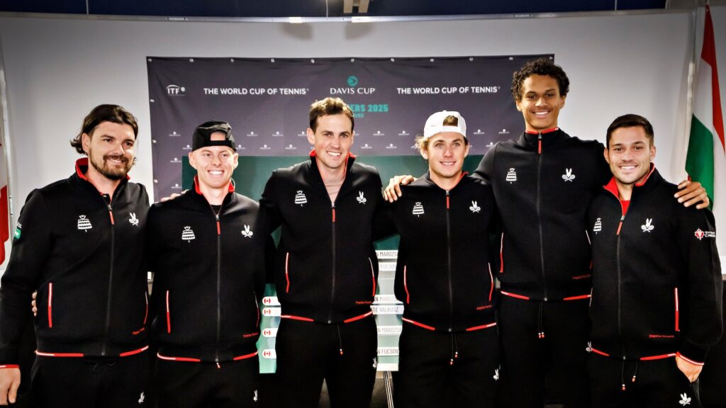 The members of Team Canada for the Davis Cup tie against Hungary, from left to right: Frank Dancevic, Cleeve Harper, Vasek Pospisil, Liam Draxl, Gabriel Diallo, Alexis Galarneau.