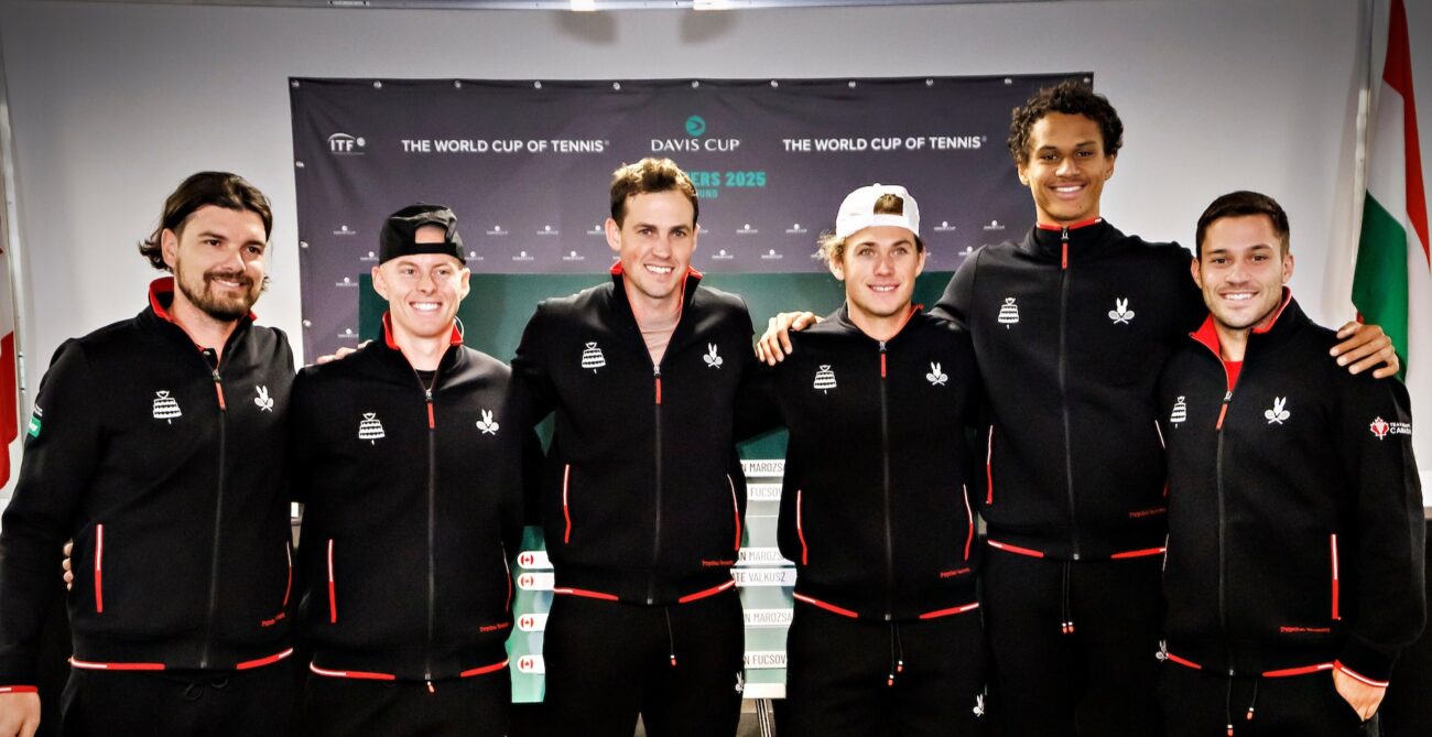 The members of Team Canada for the Davis Cup tie against Hungary, from left to right: Frank Dancevic, Cleeve Harper, Vasek Pospisil, Liam Draxl, Gabriel Diallo, Alexis Galarneau.