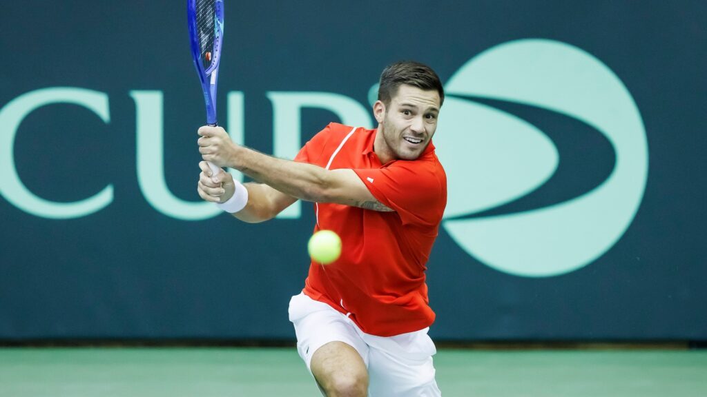 Alexis Galarneau follows through on a backhand during his loss to Fabian Marozsan during Davis Cup tie between Canada and Hungary.