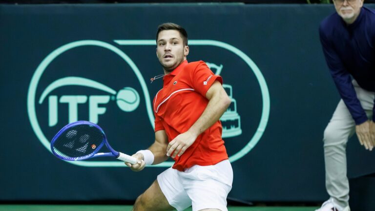 Alexis Galarneau reacts to a shot on day one of the Davis Cup tie between Canada and Hungary.