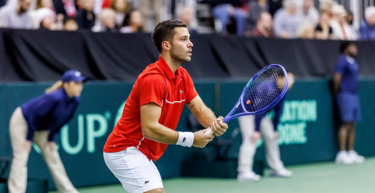 Alexis Galarneau prepares to return a serve in the final match of the tie between Hungary and Canada at the Davis Cup.