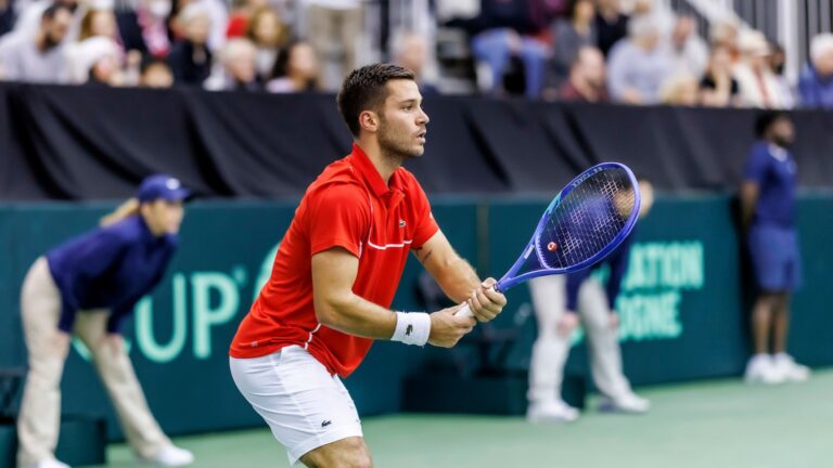 Alexis Galarneau prepares to return a serve in the final match of the tie between Hungary and Canada at the Davis Cup.