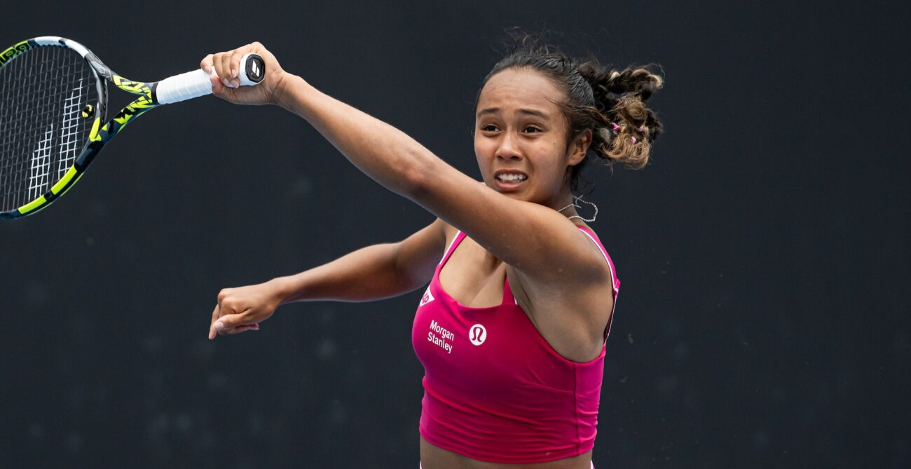 Leylah Fernandez follows through on a forehand. She lost to Ashlyn Krueger in the quarter-finals of Abu Dhabi on Thursday.