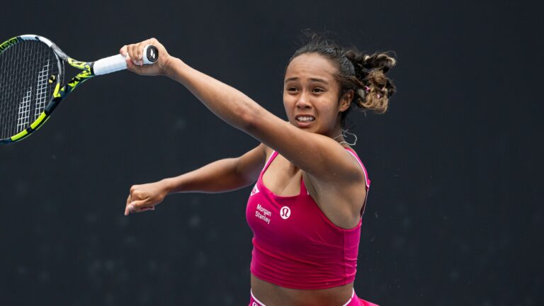 Leylah Fernandez follows through on a forehand. She lost to Ashlyn Krueger in the quarter-finals of Abu Dhabi on Thursday.