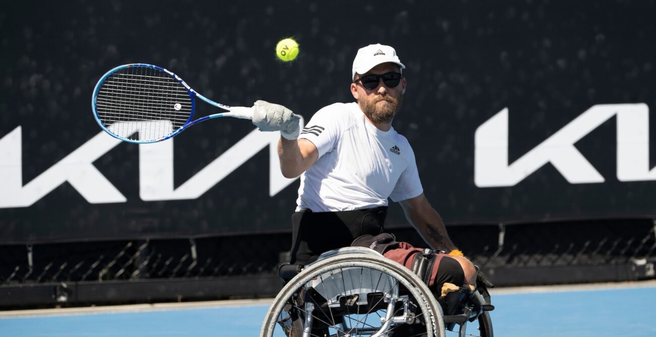 Rob Shaw hits a forehand in his wheelchair singles match at the 2025 Australian Open.