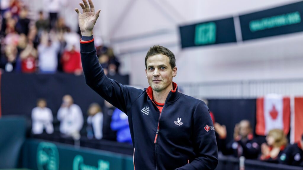 Vasek Pospisil waves to the crowd after Canada's loss to Hungary at the Davis Cup.