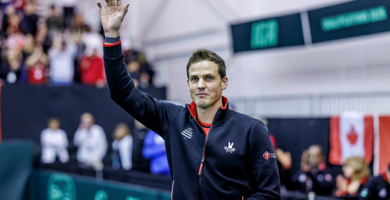 Vasek Pospisil waves to the crowd after Canada's loss to Hungary at the Davis Cup.