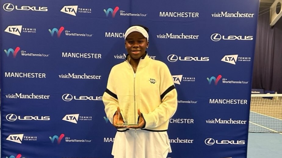 Victoria Mboko holds the trophy in Manchester, her fourth title already in 2025.