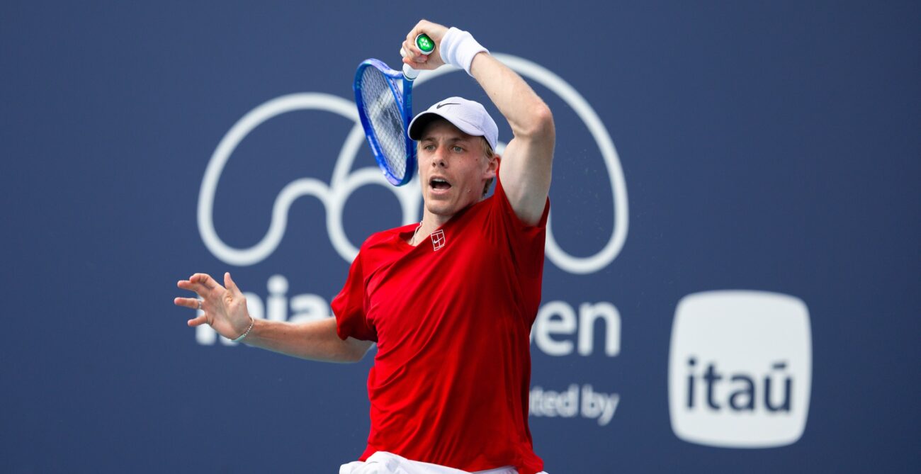 Denis Shapovalov follows through on a forehand in Miami. He lost to Taylor Fritz on Monday.