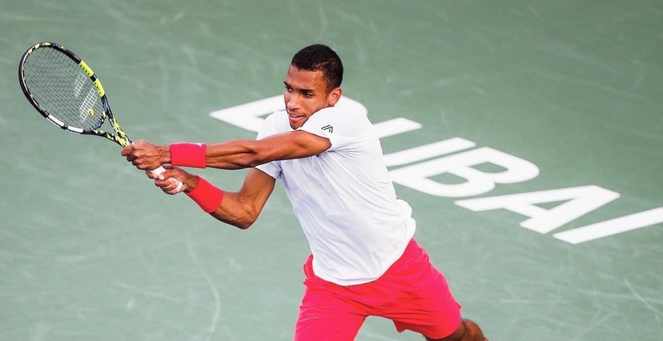 Felix Auger-Aliassime follows through on a backhand in Dubai. He lost to Stefanos Tsitsipas in the final.