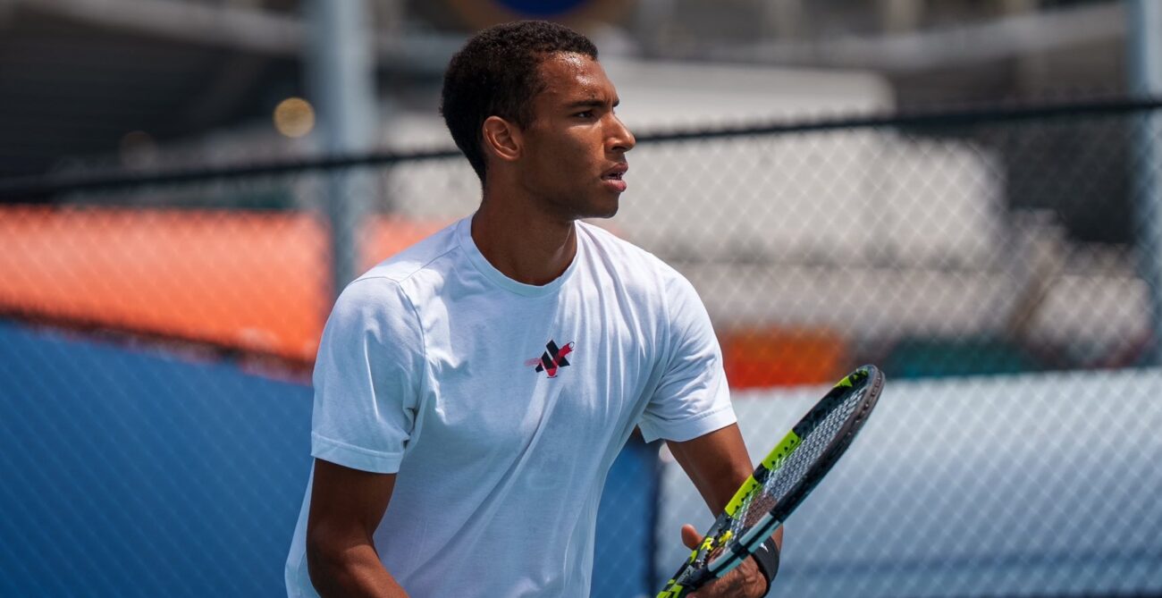 Felix Auger-Aliassime prepares to hit a shot in Miami.