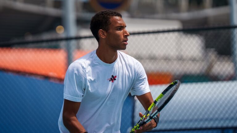 Felix Auger-Aliassime prepares to hit a shot in Miami.