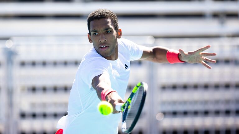 Felix Auger-Aliassime hits a backhand in Miami. He lost to Lorenzo Musetti in the third round on Sunday.