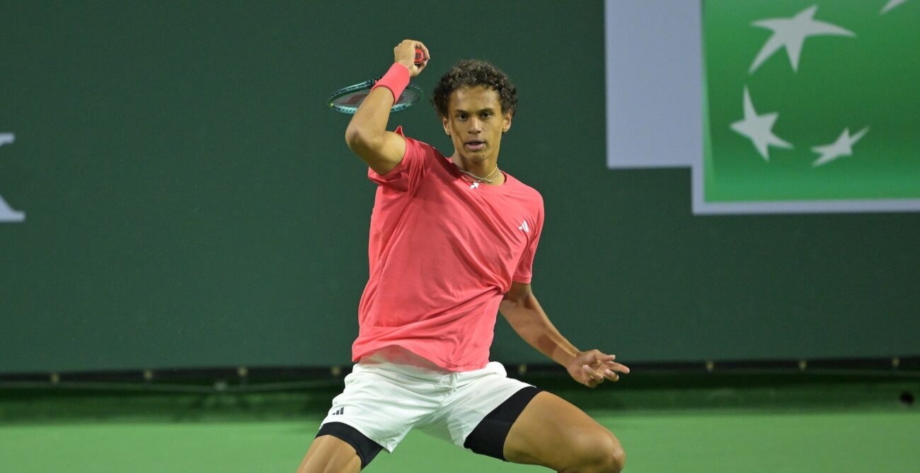 Gabriel Diallo follows through on a forehand in Indian Wells. He lost to Arthur Fils on Friday.