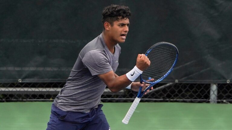 Juan Carlos Aguilar pumps his fist. He is the highest-seeded Canadian at the ITF events in Canada this week in Trois-Rivieres and Sherbrooke.