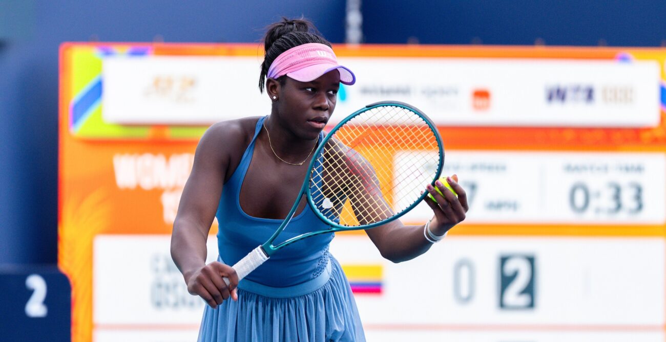 Victoria Mboko winds up to hit a serve at the Miami Open. She lost an epic to Paula Badosa on Friday.