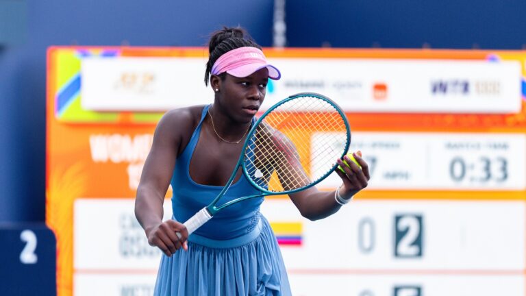 Victoria Mboko winds up to hit a serve at the Miami Open. She lost an epic to Paula Badosa on Friday.